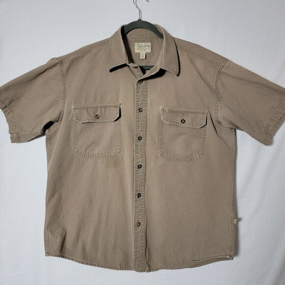 Cabelas Mens Shirt Sz L Button Down Short Sleeve Khaki Tan Classic Outdoor Wear - Picture 1 of 14